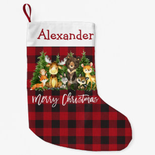 Watercolor Woodland Animals Plaid Brush Script Small Christmas Stocking