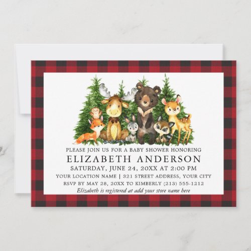 Watercolor Woodland Animals Red Plaid Baby Shower Invitation