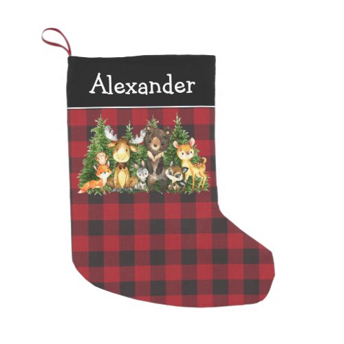 Watercolor Woodland Animals Red Plaid Small Christmas Stocking