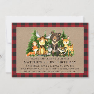Watercolor Woodland Animals Rustic First Birthday Invitation