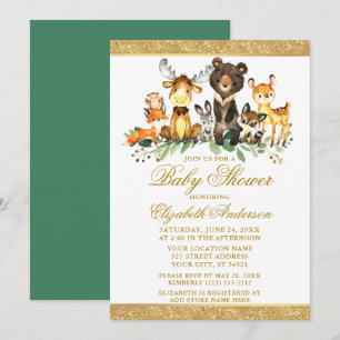 Watercolor Woodland Animals Shower Glitter Gold Invitation