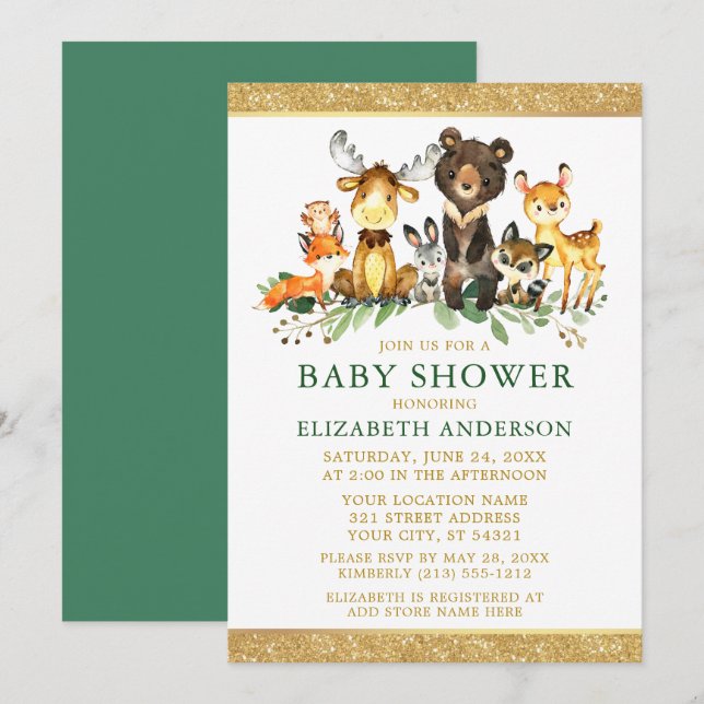Watercolor Woodland Animals Shower Glitter Green Invitation (Front/Back)