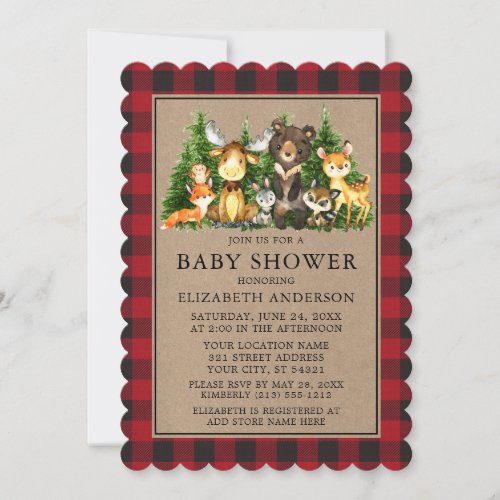 Watercolor Woodland Animals Shower Kraft Plaid Invitation