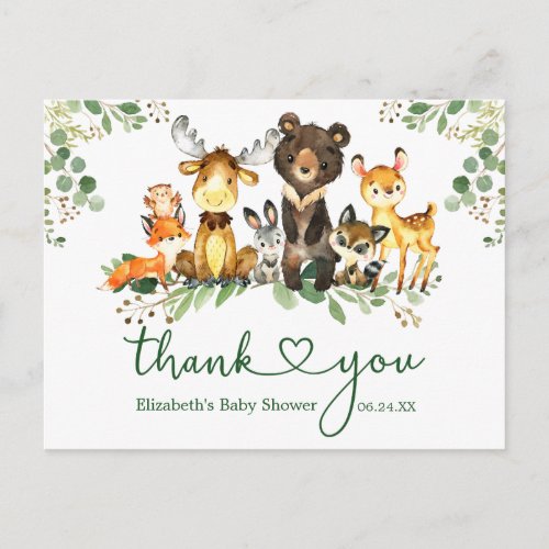 Watercolor Woodland Animals Shower Thank You Heart Postcard
