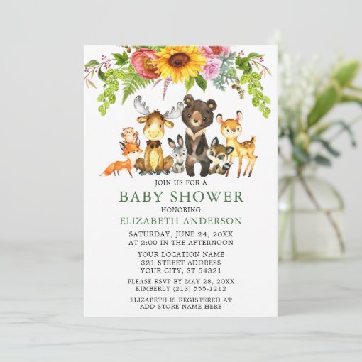 Watercolor Woodland Animals Sunflower Baby Shower Invitation 