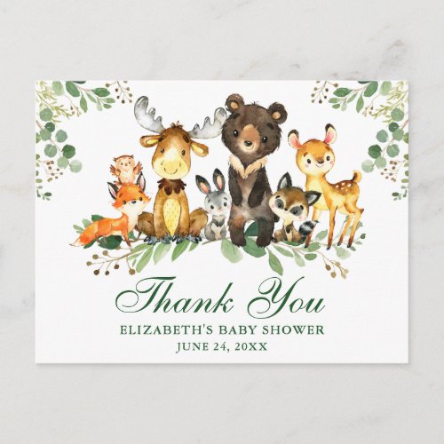Watercolor Woodland Animals Thank You Baby Shower  Postcard