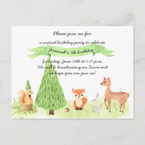 Watercolor Woodland Animals Virtual Birthday Party Postcard