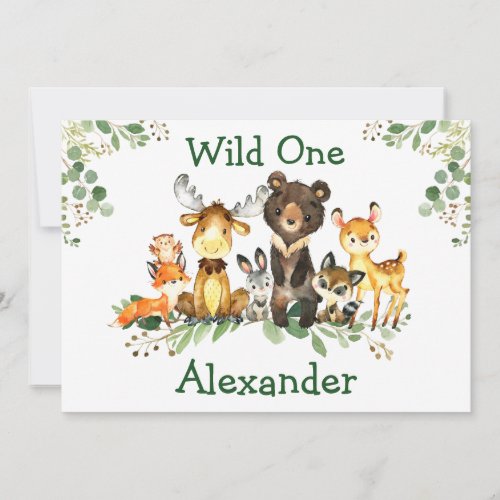 Watercolor Woodland Animals Wild One 1st Birthday Invitation