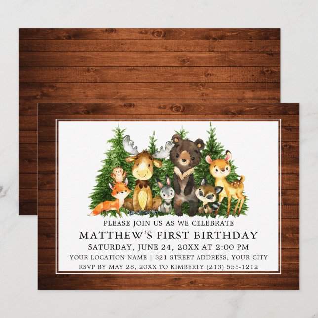 Watercolor Woodland Animals Wood First Birthday Invitation (Front/Back)