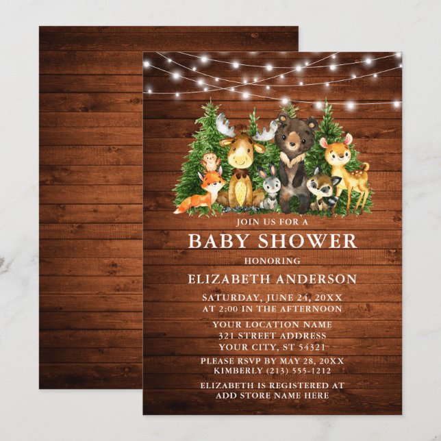 Watercolor Woodland Animals Wood Lights Shower Invitation (Front/Back)