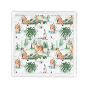 Watercolor Woodland Baby Animal Pattern Acrylic Tray