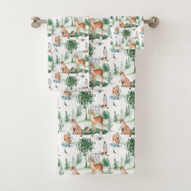 Watercolor Woodland Baby Animal Pattern Bath Towel Set (Insitu)