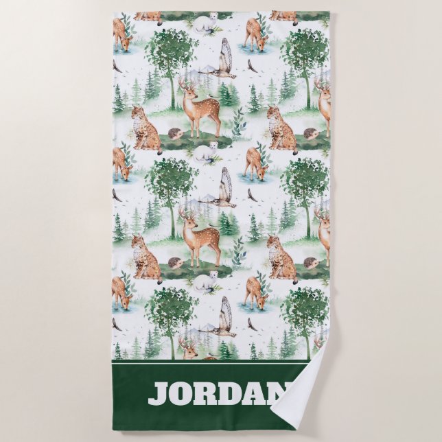 Watercolor Woodland Baby Animal Pattern Beach Towel (Front)