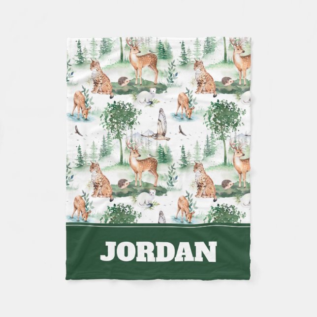 Watercolor Woodland Baby Animal Pattern Fleece Blanket (Front)