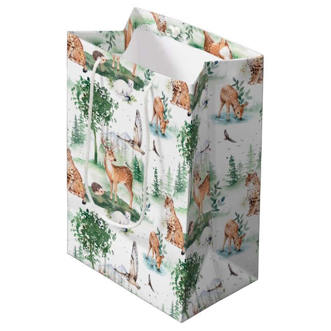 Watercolor Woodland Baby Animal Pattern Medium Gift Bag (Front Angled)