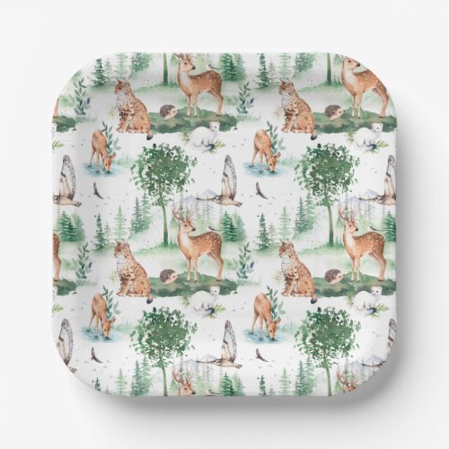 Watercolor Woodland Baby Animal Pattern Paper Plates