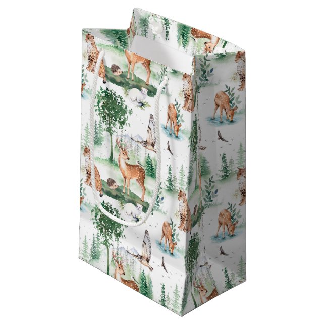 Watercolor Woodland Baby Animal Pattern Small Gift Bag (Front Angled)