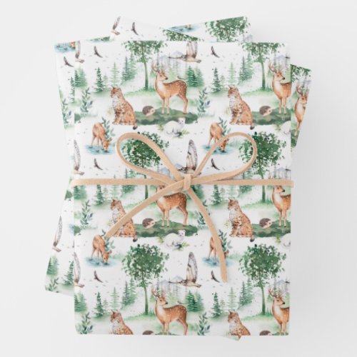 Watercolor Woodland Baby Animal Pattern Wrapping Paper Sheets