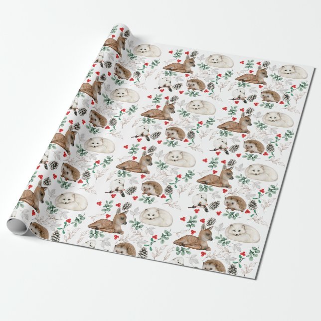 Watercolor woodland baby animals wrapping paper (Unrolled)