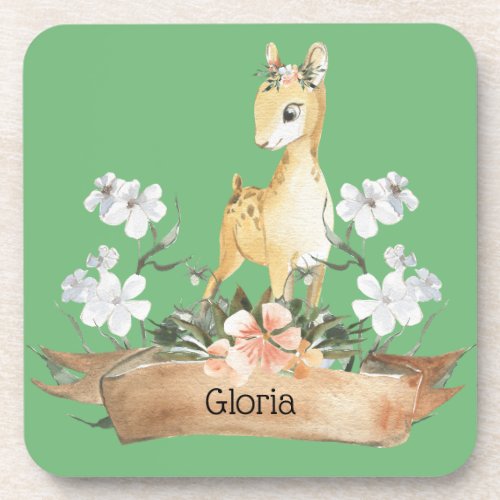 Watercolor Woodland Baby Fawn Custom Name Beverage Coaster