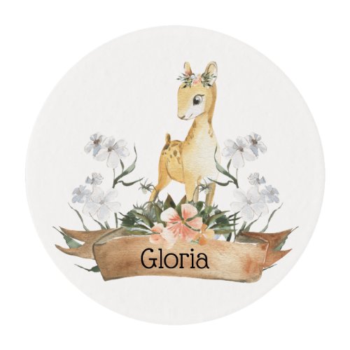 Watercolor Woodland Baby Fawn Custom Name Edible Frosting Rounds
