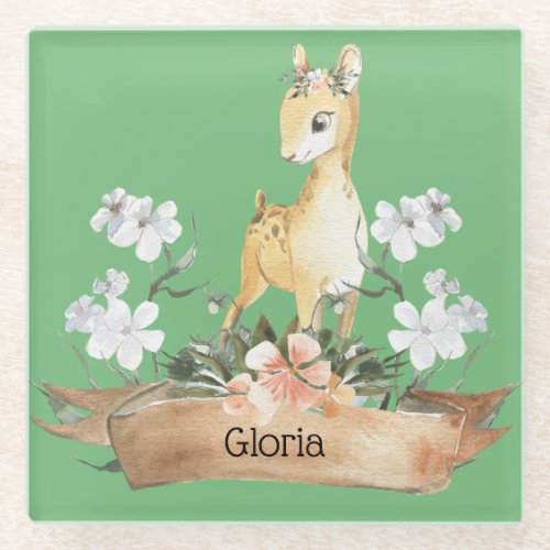 Watercolor Woodland Baby Fawn Custom Name Glass Coaster
