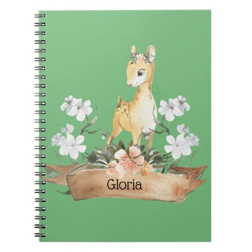 Watercolor Woodland Baby Fawn Custom Name Notebook