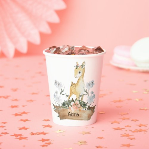 Watercolor Woodland Baby Fawn Custom Name Paper Cups
