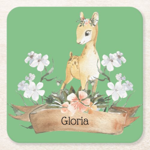 Watercolor Woodland Baby Fawn Custom Name Square Paper Coaster
