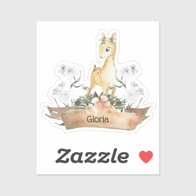 Watercolor Woodland Baby Fawn Custom Name Sticker (Sheet)