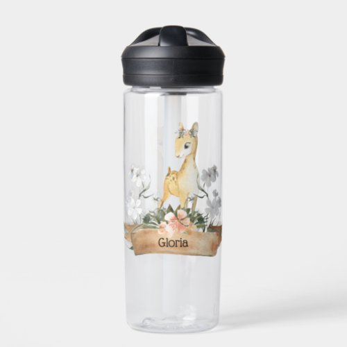 Watercolor Woodland Baby Fawn Custom Name Water Bottle