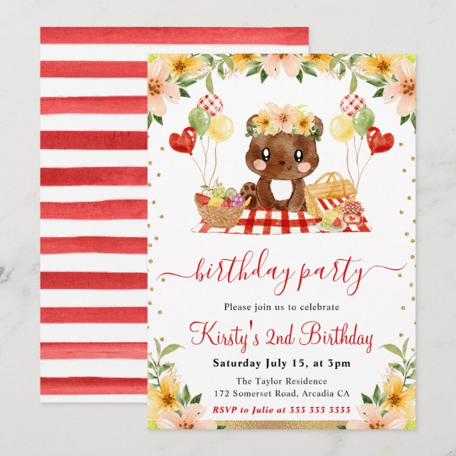 Watercolor Woodland Bear Picnic Birthday Invitation (Front/Back)