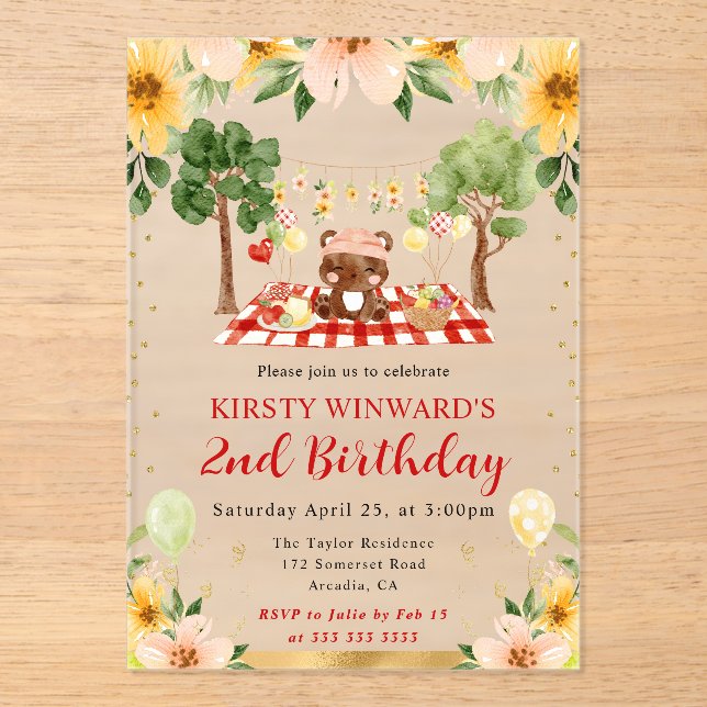 Watercolor Woodland Bear Picnic Kids Birthday Acrylic Invitations (Front)