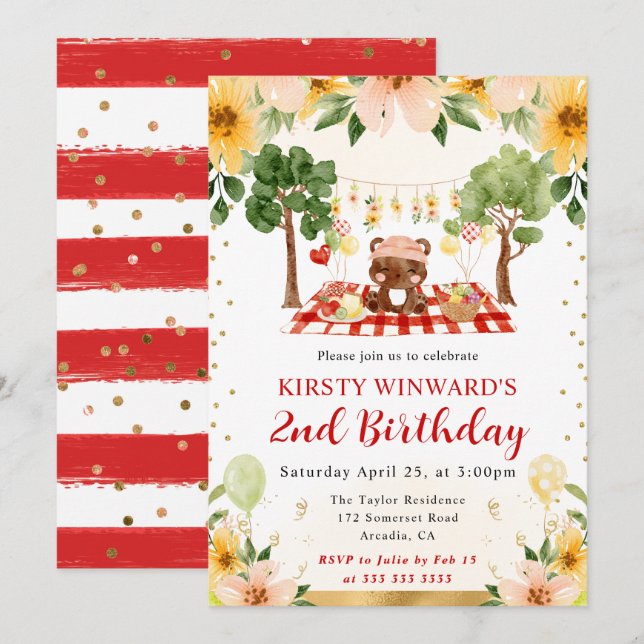 Watercolor Woodland Bear Picnic Kids Birthday Invitation (Front/Back)