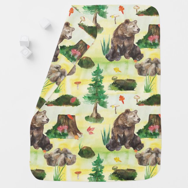Watercolor Woodland bear with a bear cub Baby Blanket (In Situ)