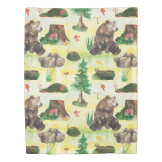 Watercolor Woodland bear with a bear cub Duvet Cover
