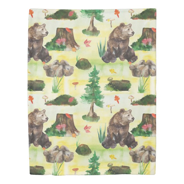 Watercolor Woodland bear with a bear cub Duvet Cover (Front)