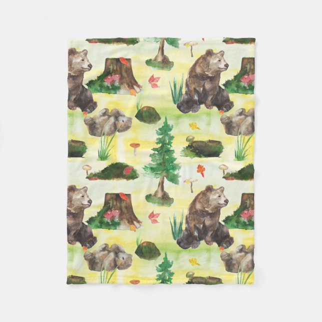 Watercolor Woodland bear with a bear cub Fleece Blanket (Front)