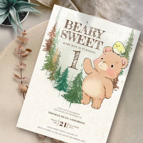 Watercolor Woodland Beary Sweet 1st Birthday Invitation