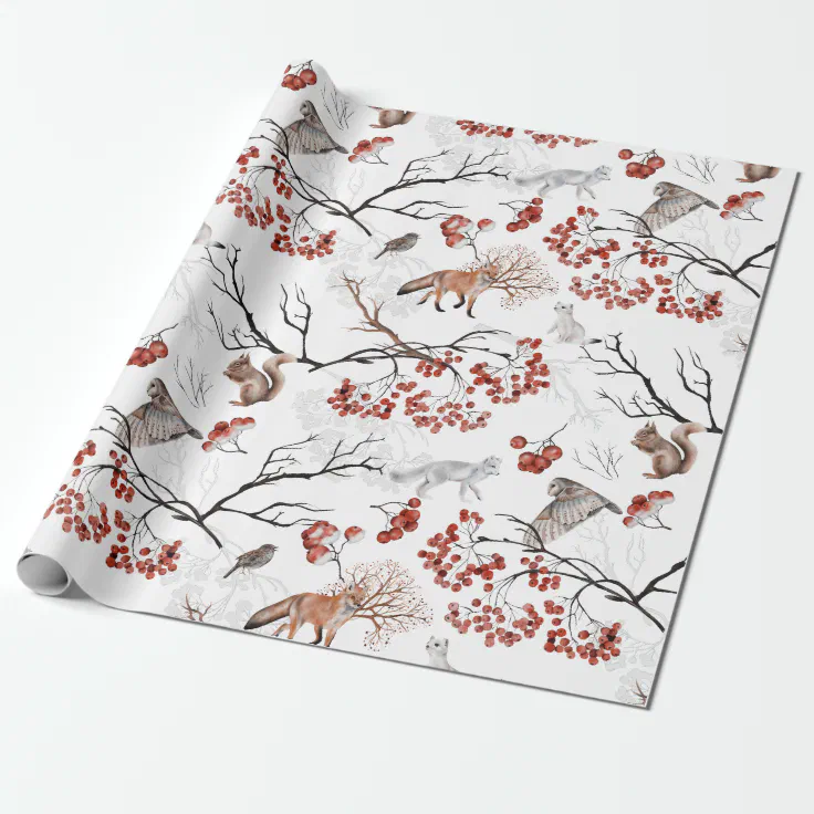 Watercolor Woodland Berries and Animals Christmas Wrapping Paper