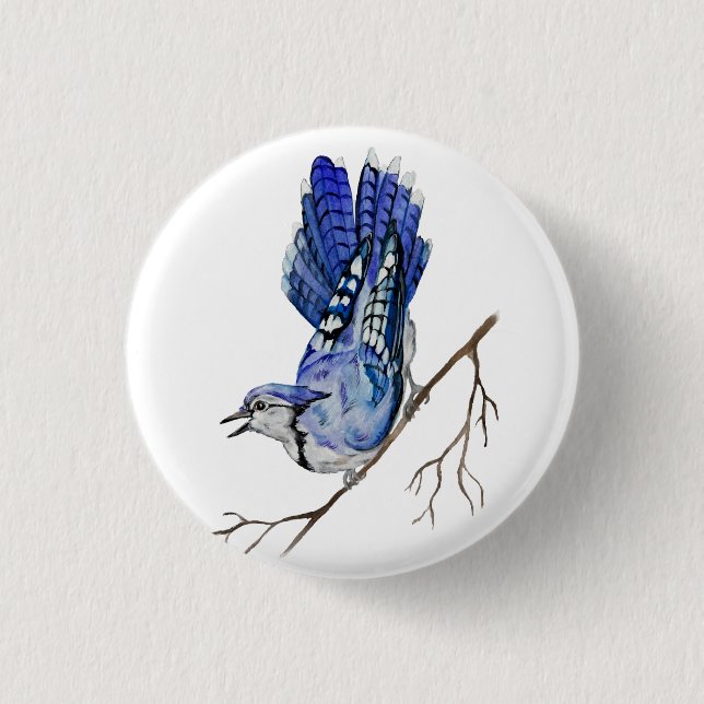 Watercolor woodland bird blue jay button (Front)