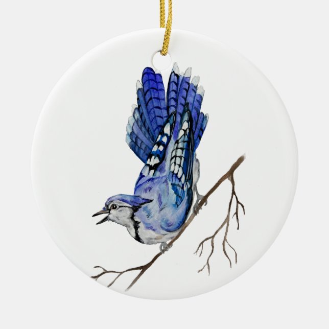 Watercolor woodland bird blue jay ceramic ornament (Front)