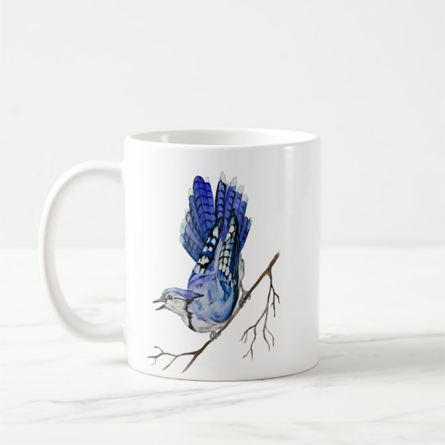 Watercolor woodland bird blue jay coffee mug (Left)