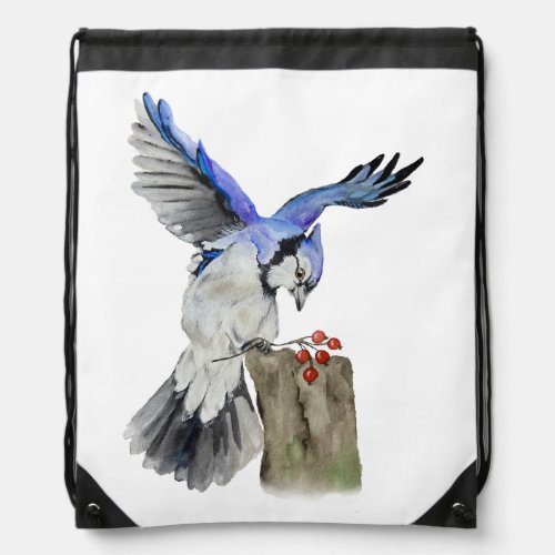 Watercolor woodland bird blue jay drawstring bag