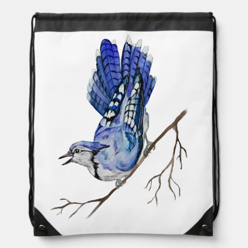  Watercolor woodland bird blue jay Drawstring Bag