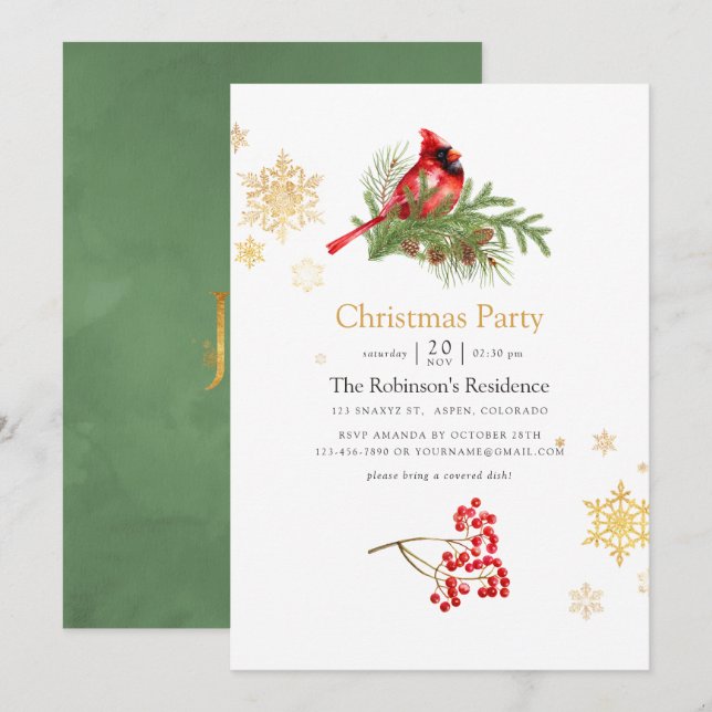 Watercolor Woodland Bird Christmas Party Invitation (Front/Back)