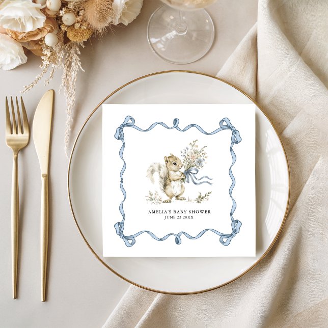 Watercolor Woodland Blue Bow Squirrel Baby Shower Napkins (Creator Uploaded)