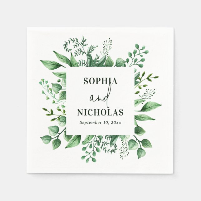 Watercolor woodland botanical greenery wedding napkins (Front)