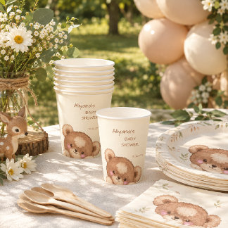 Watercolor Woodland Cute Cub Bear Baby Shower Paper Cups