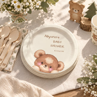 Watercolor Woodland Cute Cub Bear Baby Shower Paper Plates